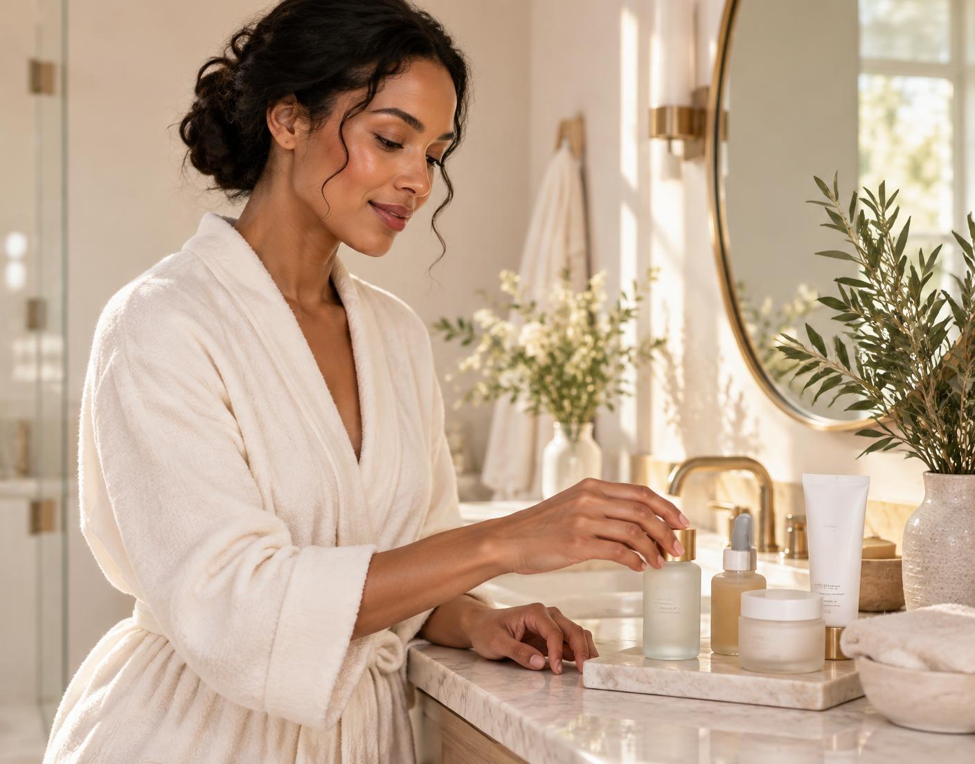 Woman organizing her skincare products in a bright bathroom